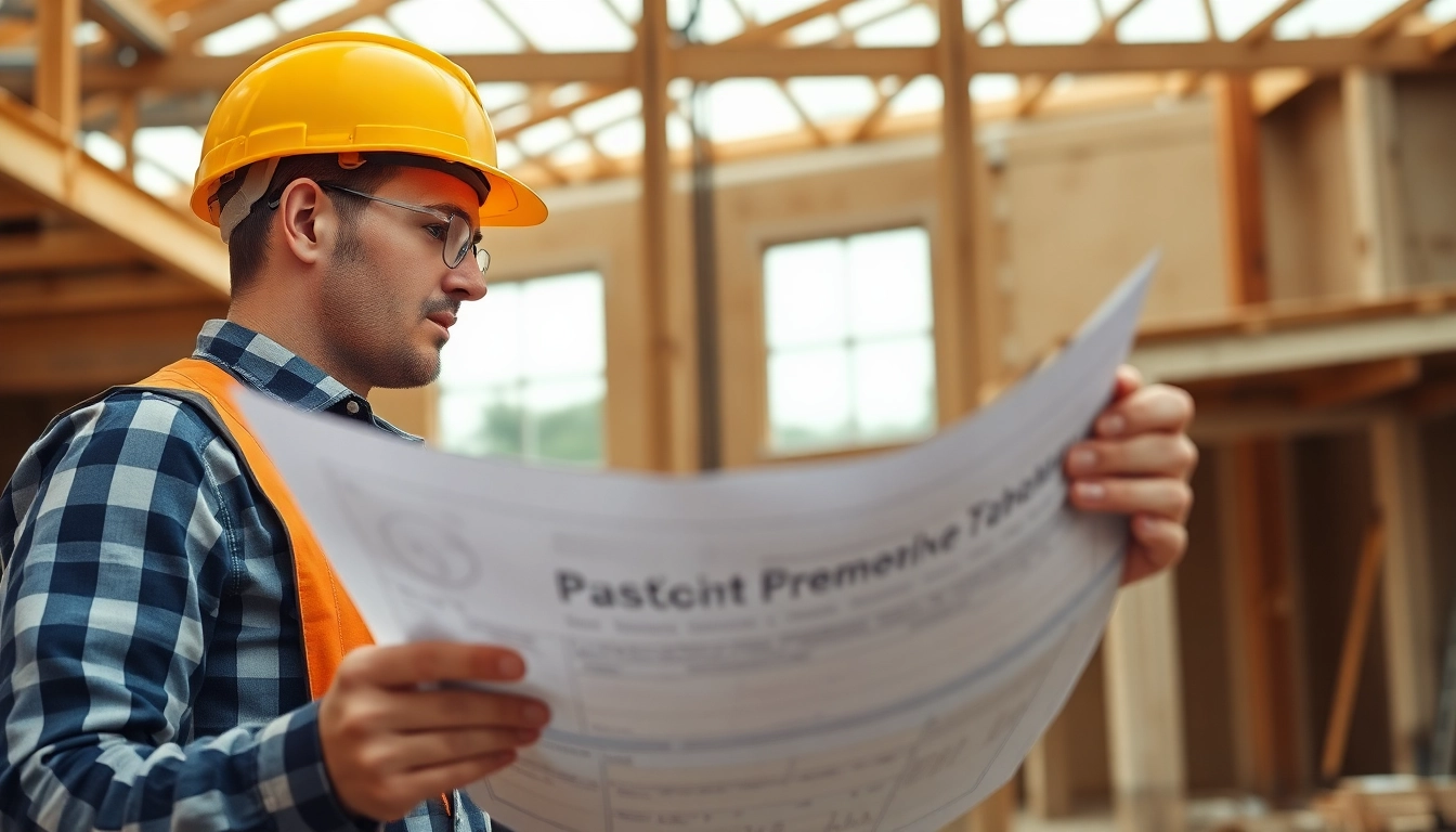 Experienced contractor overseeing construction work with plans and tools, ensuring quality and safety onsite.