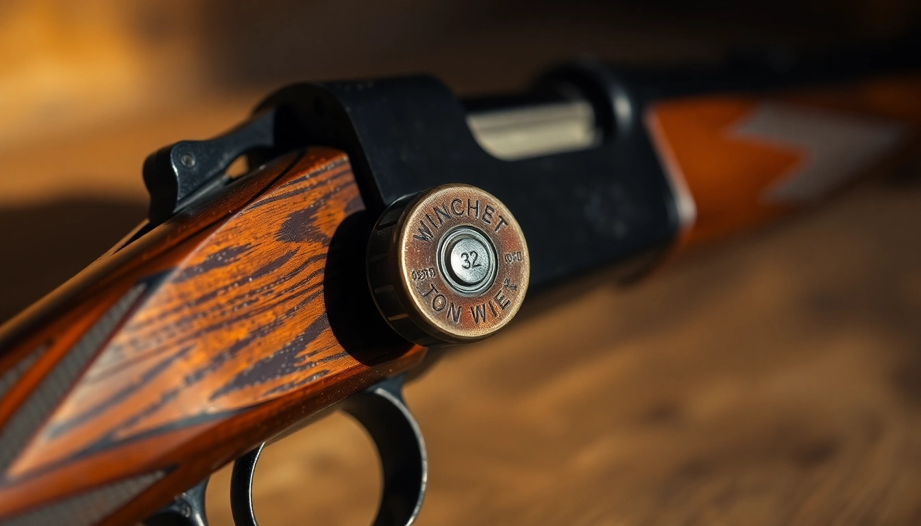 Close-up of a 32WIN cartridge in a vintage Winchester rifle, highlighting historical firearm details for enthusiasts.