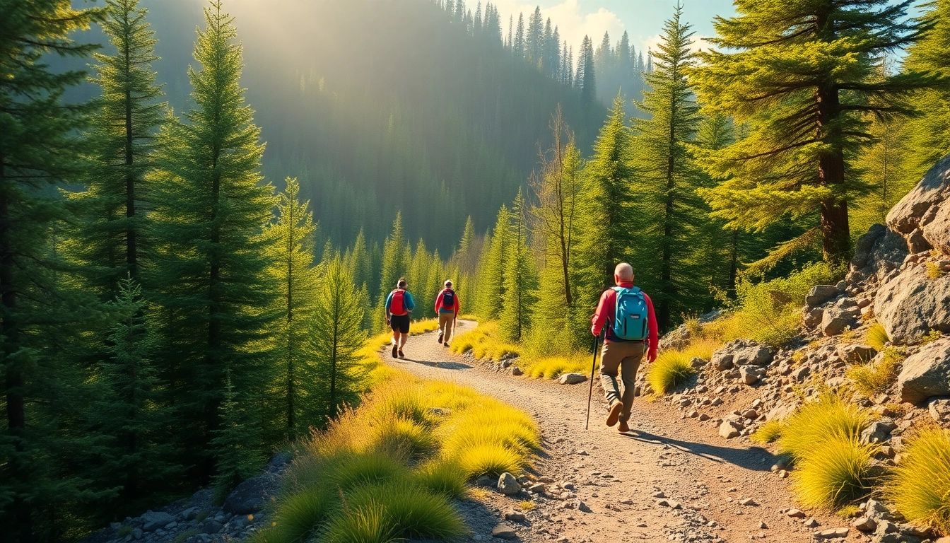 Hiking adventure in lush nature, showcasing hikers on a challenging trail with scenic views and vibrant outdoor gear.