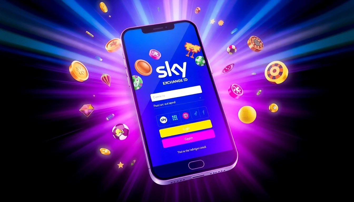 Secure Sky Exchange ID login screen on mobile device with casino and sports icons in vibrant colors, highlighting easy access.