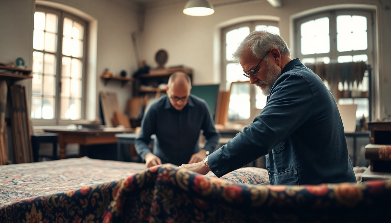 Professional team performing Restauro Tappeti milano on a vintage Persian rug with careful