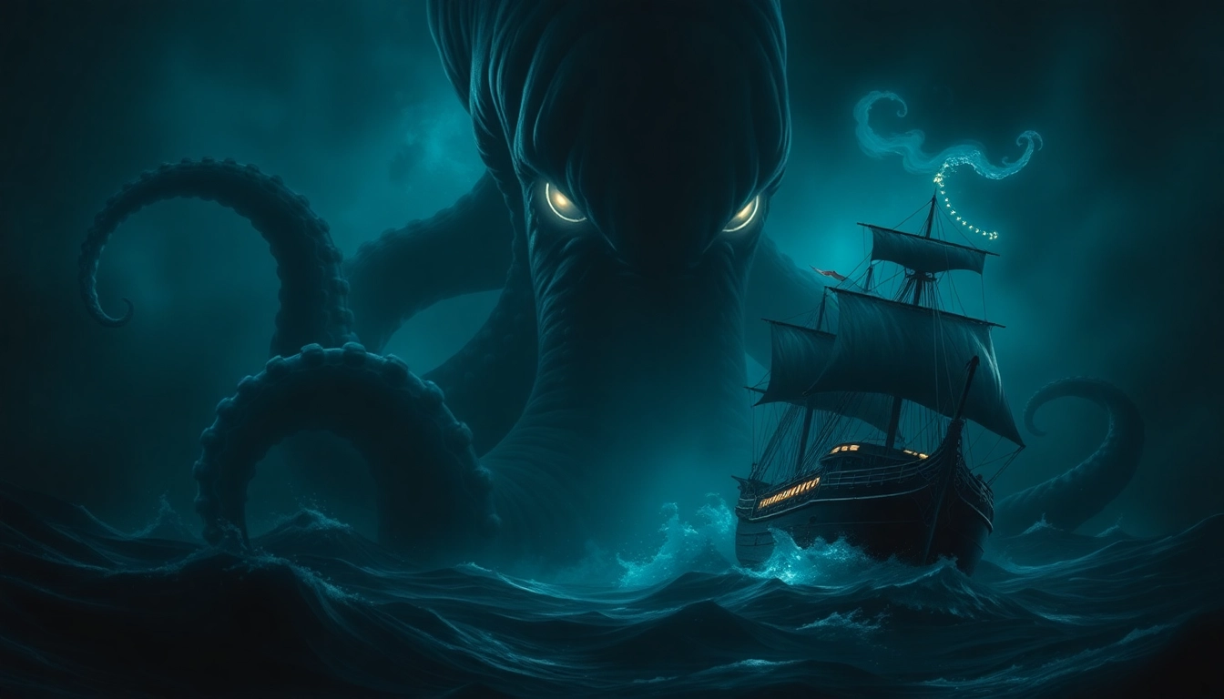 The kraken shown as a giant mythic monster attacking a ship in dark ocean depths, emphasizing