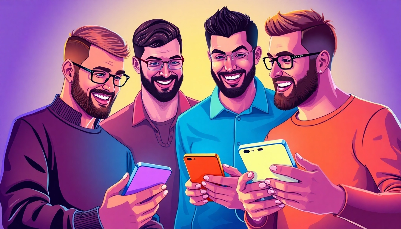 Engaging gay chat session with diverse men connecting digitally in a vibrant, welcoming environment